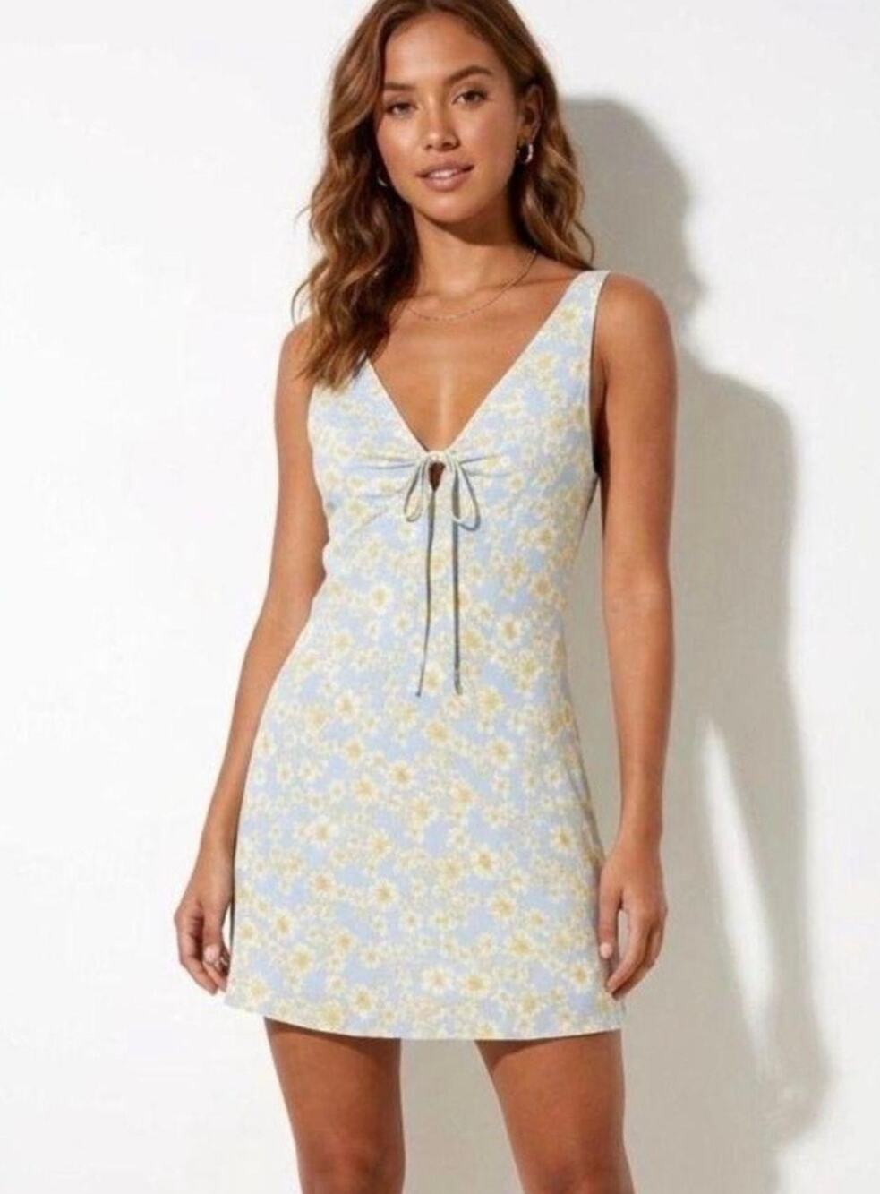 Sophie Rue Blue Yellow Daisy Floral Mini Dress Tie Front Size M